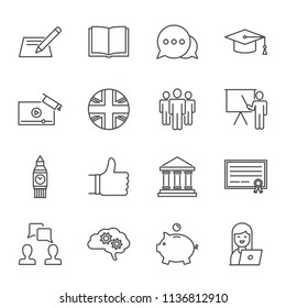 Learn English Courses Set Of Vector Icons Outline Style