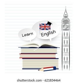 Learn english education design on white paper vector illustration