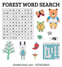 Learn English with a forest word search game for kids. Vector illustration. 