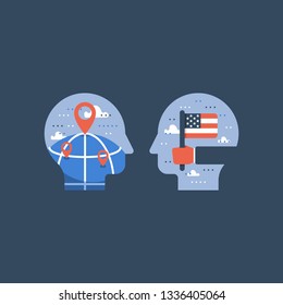 Learn English, hand holding american flag, education program, international student exchange, linguistic, vector icon, flat illustration