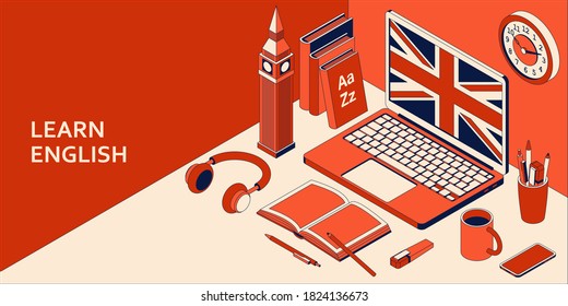 Learn English isometric concept with open laptop, books, headphones, and coffee