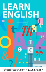 Learn english. English language cover. Textbook and notebook, poster with grammatical and phonetic symbols and Big Ben. Vector illustration. Education concept background