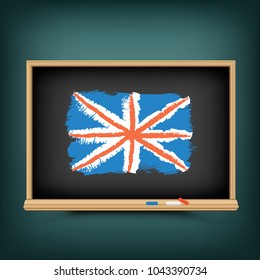 Learn English language lesson. Great Britain national flag draw on school education blackboard. Great 8 country United Kingdom standard banner backdrop