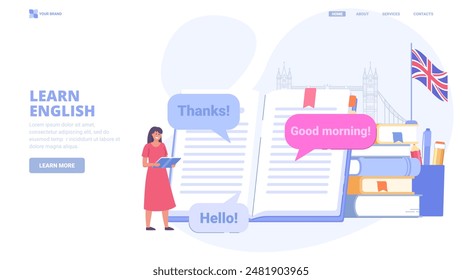 Learn English language online, foreign language courses, self education. Design concept for landing page. Flat vector illustration with tiny characters for website, print, banner.