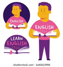 Learn English language vector concept illustration with man and book.
