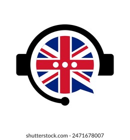 learn english language vector icon, foreign languages translation symbol, headset with united kingdom flag