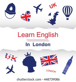 Learn english in London poster, banner with icons of England. Vector illustration