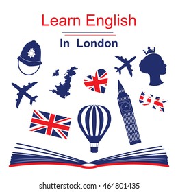 Learn english in London poster, banner with icons of England. Vector illustration isolated on white