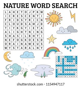 Learn English With A Nature Word Search Game For Kids. Vector Illustration.