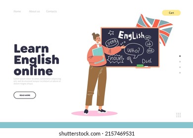 Learn English online concept of landing page with teacher at blackboard explaining language lesson. School pedagogue woman at chalkboard. Education and elearning. Cartoon flat vector illustration
