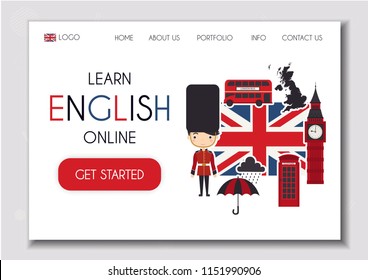 Learn English Online. Landing page template for online language  school. Modern design concept of web page design. United Kingdom. London. English culture. Vector illustration. Tourism, Traveling.