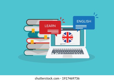 Learn English Online On Laptop Computer. Study, Education Of Foreign Language Lesson. Internet Learning Course, Lesson. Vector Illustration.