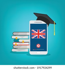 Learn English online on a smart phone. Study, education of foreign language lesson. internet learning course.