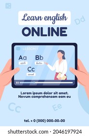 Learn english online poster flat vector template. Language class. Brochure, booklet one page concept design with cartoon characters. Internet educational course flyer, leaflet with copy space