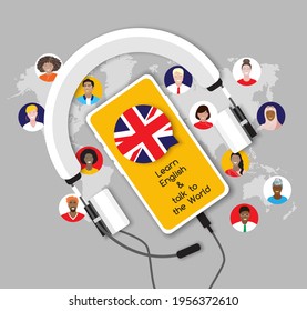 Learn English online with a smart phone and headphones. Study, education of foreign language lesson. internet learning course, school. International group of diverse people. Vector banner, poster