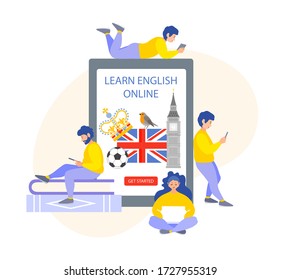 Learn English online. Tiny people learn a language over the Internet. The concept of e-learning. Template for online language school or courses. Banner for social media and web page.