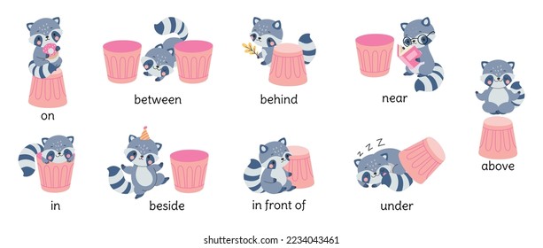 Learn english prepositions with raccoon. Cute raccoons behind, on under trash can. Preschool kids grammar poster, nowaday education vector banner