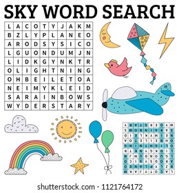 Learn English with a sky word search game for kids. Vector illustration.