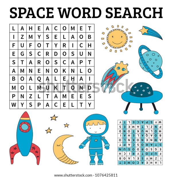 Learn English with a space word search\
game for kids. Vector illustration.\
\

