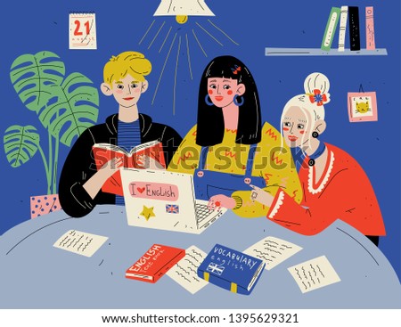 Learn English. Students studying with books. Group of people in classroom.