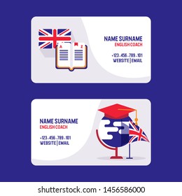 Learn English teachers vector visiting card. Educational course of foreign language. Used for studying, english lessons, coach, training. Great Britains flag, hat and dictionary icons.