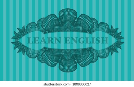 Aprender texto en inglés dentro del emblema realista de color turquesa lineal. Fondo elegante de las barras. Ilustración. 