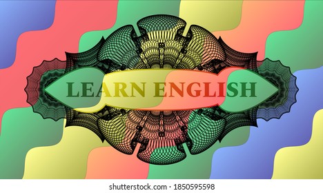 Learn English text inside Linear Colorful multicolored realistic emblem. Curvy fashionable background. Vector illustration. 