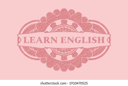 Learn English text inside Pink stroke badge. Rose color graceful background. Vector illustration. 