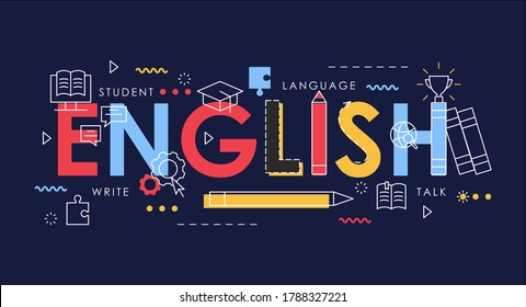 Learn English thin line vector illustration for website interface design, books for student learning language, school infographic education concept, abstract flat English word with educational items