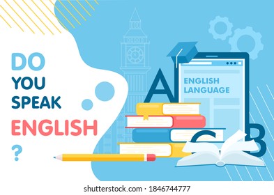 Learn English thin line vector illustration for website interface design, books for student learning language, school infographic education concept, abstract flat English word with educational items