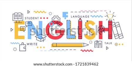 Learn English thin line vector illustration for website interface design, abstract flat English word with educational items, books for student learning language, school infographic education concept