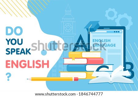 Learn English thin line vector illustration for website interface design, books for student learning language, school infographic education concept, abstract flat English word with educational items