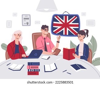 Learn english together. Students studying british language on computer at table, preparing school exam, reading book college library, teamwork education, vector illustration of education together