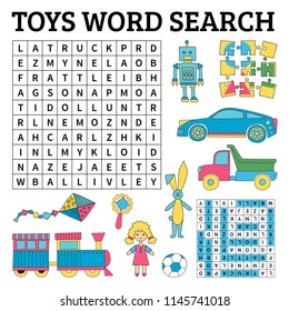 Learn English with a toys word search game for kids. Vector illustration.