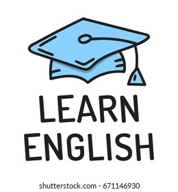 Learn english. Vector hand drawn graduation hat icon, illustration on white background.
