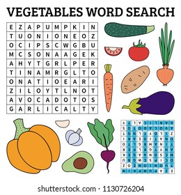 Learn English with a vegetables word search game for kids. Vector illustration.