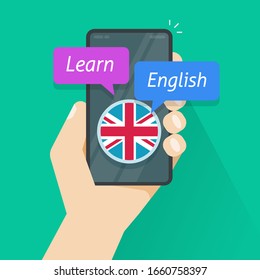 Learn english via mobile phone app or study foreign language on smartphone online vector flat cartoon illustration, digital education courses or cellphone application studying english internet lesson