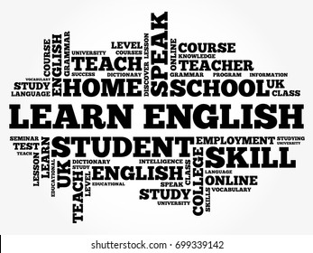 Learn English word cloud collage, education concept background