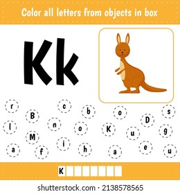 Learn english words. Color letters. Kangaroo. Educational worksheet for kids developing.