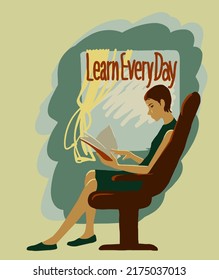 Learn every day. The girl reads a book in public transport. Flat picture.