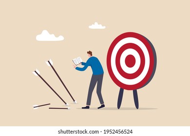 Learn from failure or mistake, admit and embrace the failure and practice to achieve success next time concept, businessman holding book look at missed target arrow learning or studying mistakes.