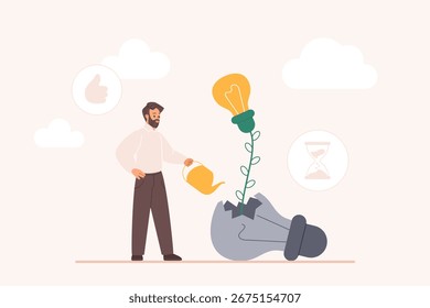 Learn from failure or mistake, motivation for idea improvement. Tiny man watering growing light bulb from broken lamp to practice challenge path from fail to success cartoon vector illustration