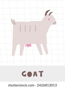 Learn farm animals flashcard. Learning English words for kids. Cute hand drawn doodle educational card with goat character. Preschool learning material