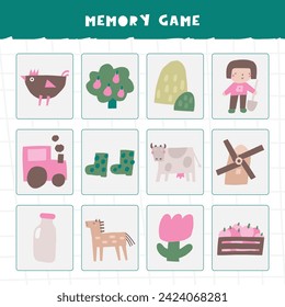 Learn farm animals, objects memory game for kids. Cute hand drawn doodle funny village puzzle with farmer, tree, rooster, tractor, horse. Educational worksheet, mind task, riddle,strategy quiz, teaser