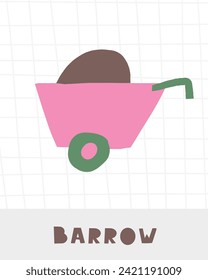 Learn farm objects flashcard. Learning English words for kids. Cute hand drawn doodle educational card with barrow, cart. Preschool learning material