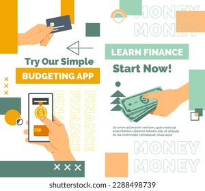 Learn finance and try out our budgeting application for mobile phone. Start saving financial assets now. Deposits and investment, saving and capitalizing. Vector in flat style illustration