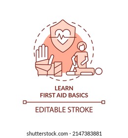 Learn first aid basics terracotta concept icon. Medical courses. Action during war abstract idea thin line illustration. Isolated outline drawing. Editable stroke. Arial, Myriad Pro-Bold fonts used