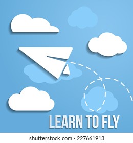 Learn to fly business concept. Paper airplane flying in the clouds, and leaves a trail. Vector