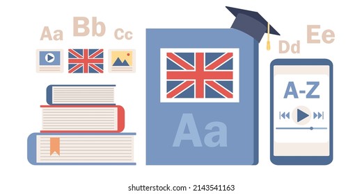 Learn Foreign Language Icon Set. English Book Icon. Textbook With Flag Of England. Online Education Concept. Vector Flat Illustration