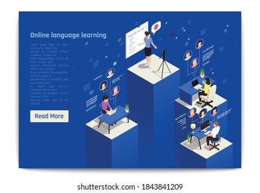 Learn foreign language in virtual classroom innovative flexible courses landing page with english lesson isometric vector illustration 
